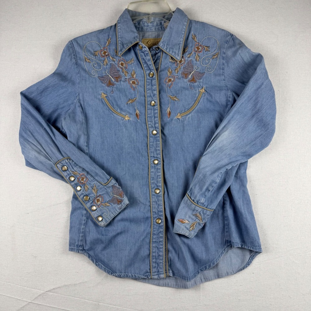 Scully Womens Western Denim Shirt Blue Embroidered Butterfly Snap PL-657 S